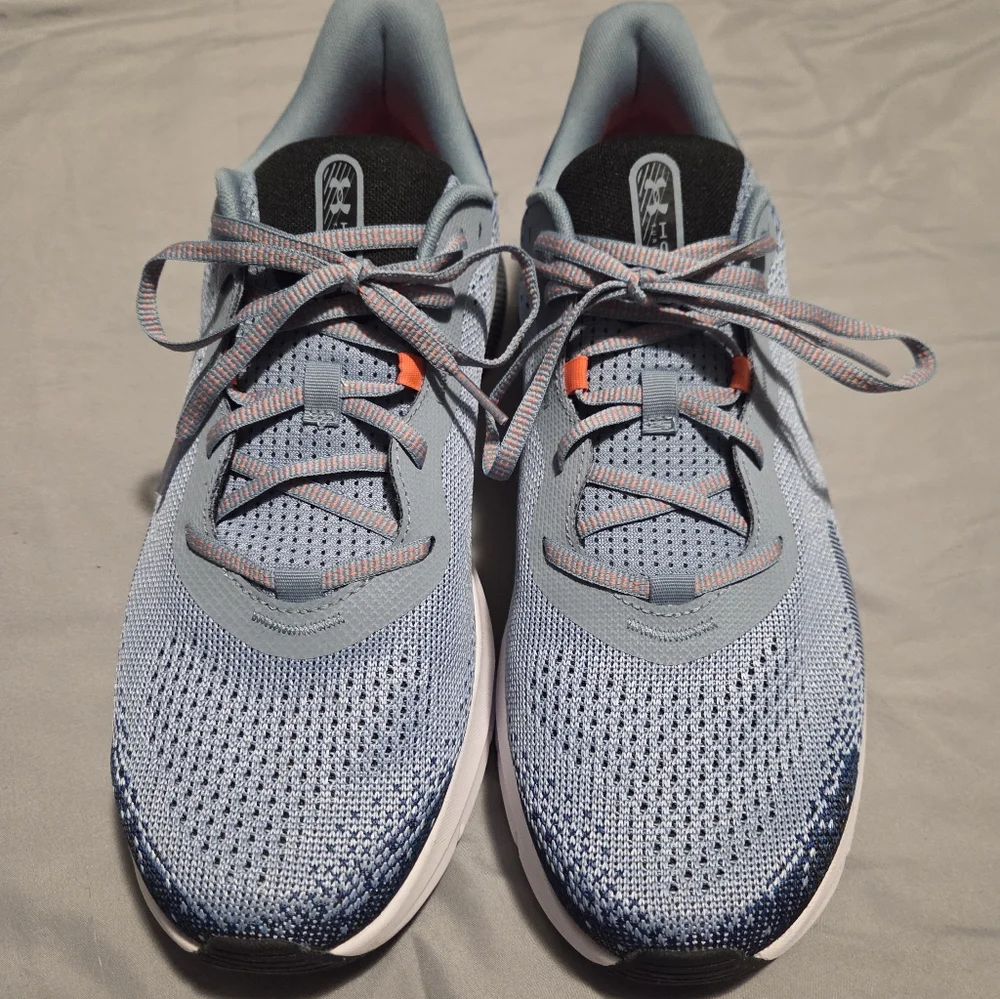 Under Armour Light Blue Knit Running Sneakers with Orange Logo Accents - Picture 2 of 3
